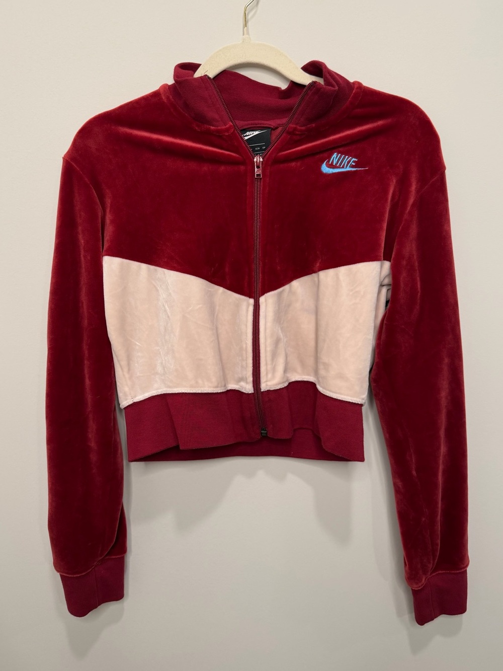 Nike Red Burgundy Velour Colorblock Cropped Full Zip Jacket Size XS